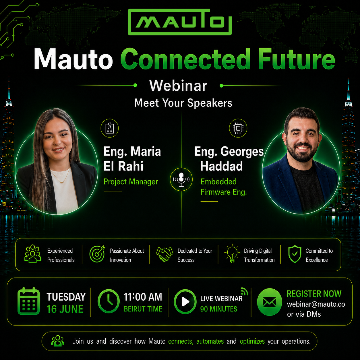 Mauto Connected Future webinar poster with speakers Eng. Maria El Rahi and Eng. Georges Haddad